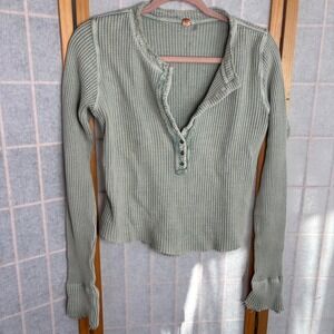 Free People Colt Sea Foam Green Waffle Knit Henley Thermal Top Medium